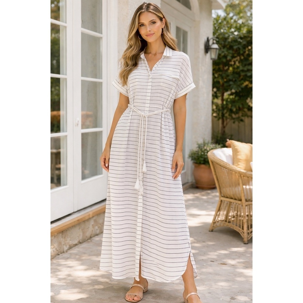 Ecru Lab White Navy Striped Maxi Shirt Dress Braided Rope Belt Small Coastal